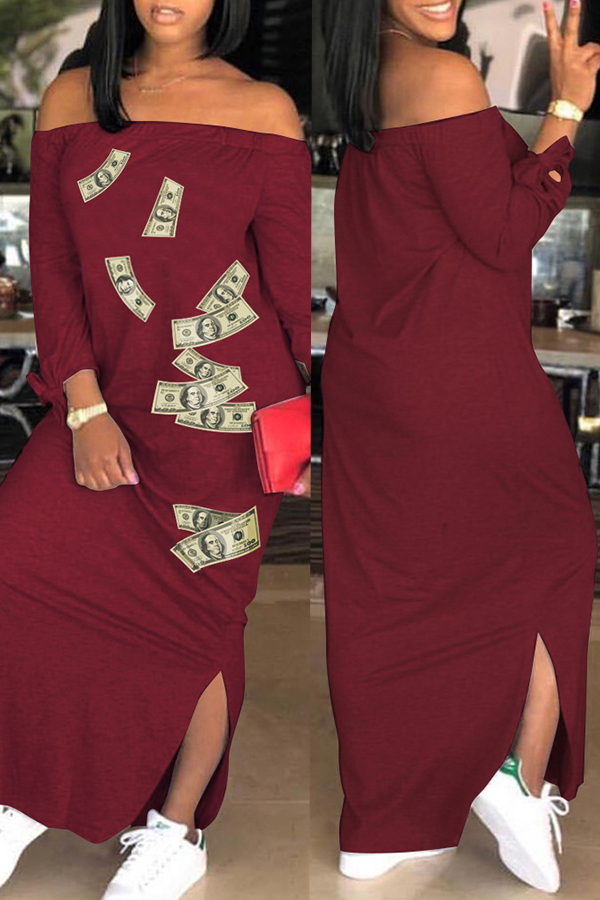 

Lovely Casual Off The Shoulder Printed Wine Red Ankle Length A Line Dress