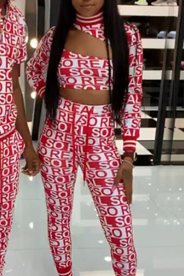 

Lovely Leisure Letter Printed Hollow-out Red Two-piece Pants Set