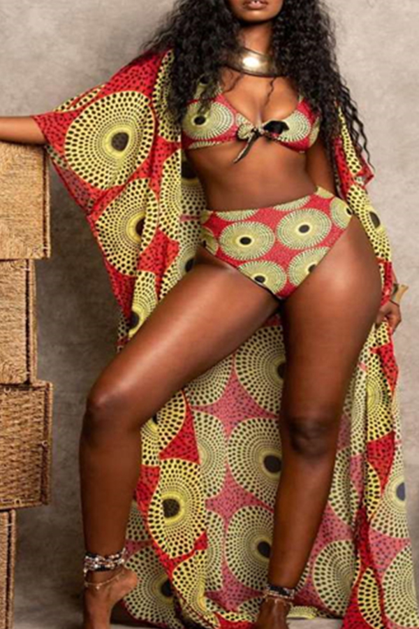 

Lovely Multicolor Spaghetti Strap Printed Three-piece Swimwear