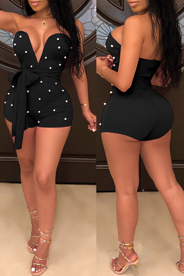 

Lovely Sexy Off The Shoulder Pearl Decoration Black One-piece Romper