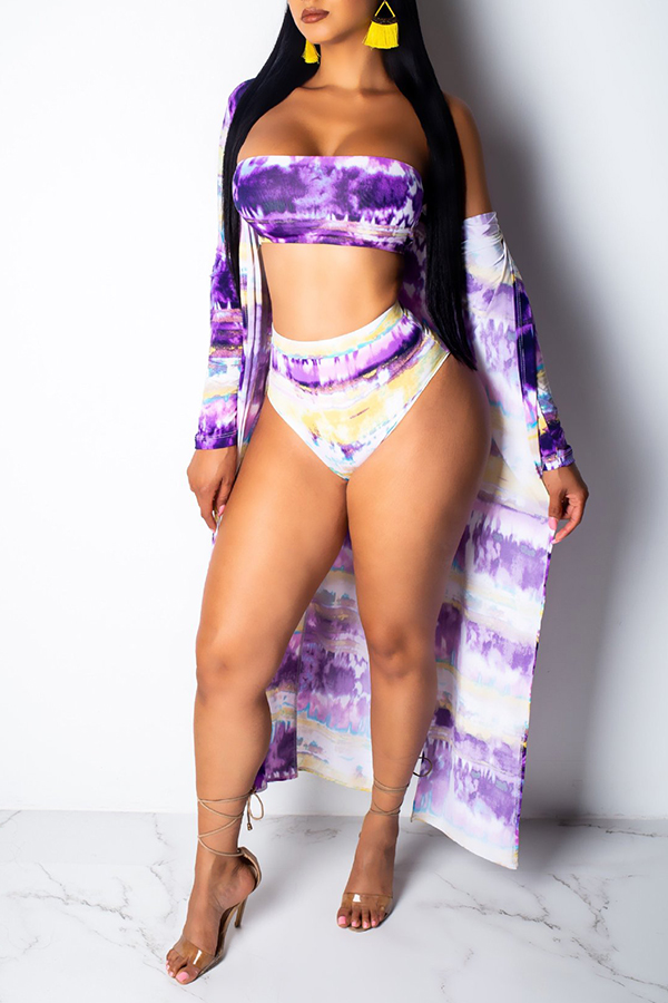 

Lovely Off The Shoulder Printed Purple Three-piece Swimwear