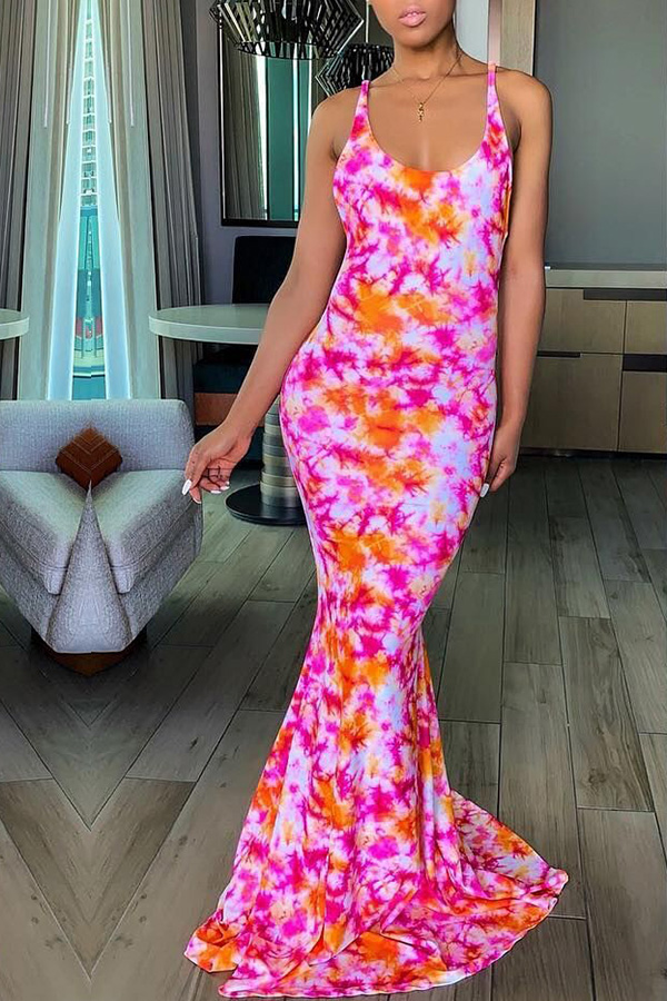 

Lovely Women’s U Neck Printed Backless Red Floor Length Dress