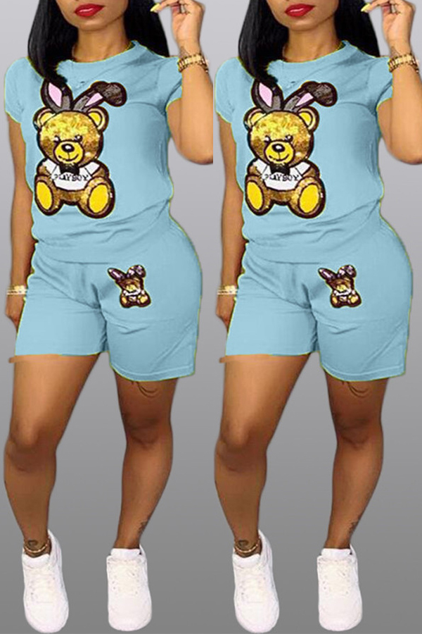 

Lovely Casual Printed Baby Blue Two-piece Shorts Set