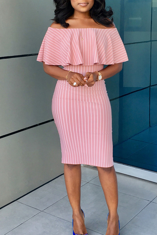 

Lovely Stylish Off The Shoulder Striped Pink Knee Length Dress