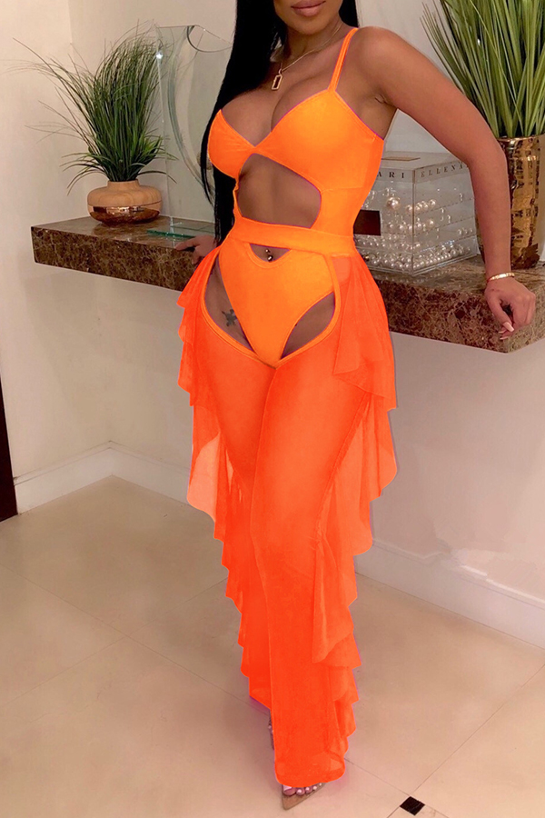 

Lovely Sexy Hollow-out See-though Orange Two-piece Pants Set