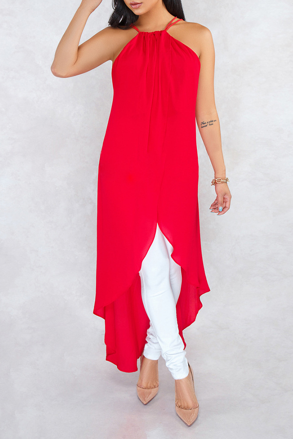 

Lovely Stylish Halter Neck Asymmetrical Red Blouse