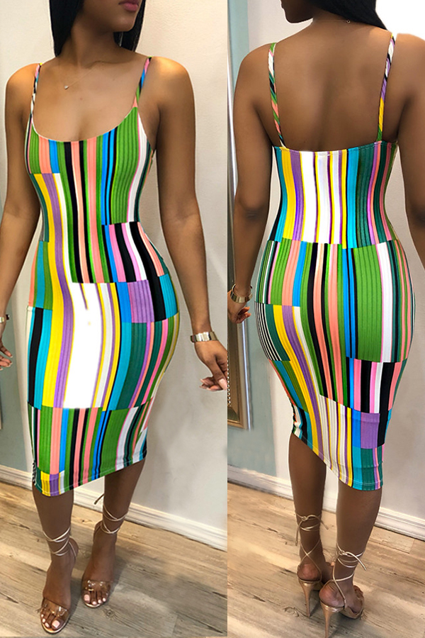 

Lovely Casual Spaghetti Strap Striped Mid Calf A Line Dress(Non-positioning Printed)