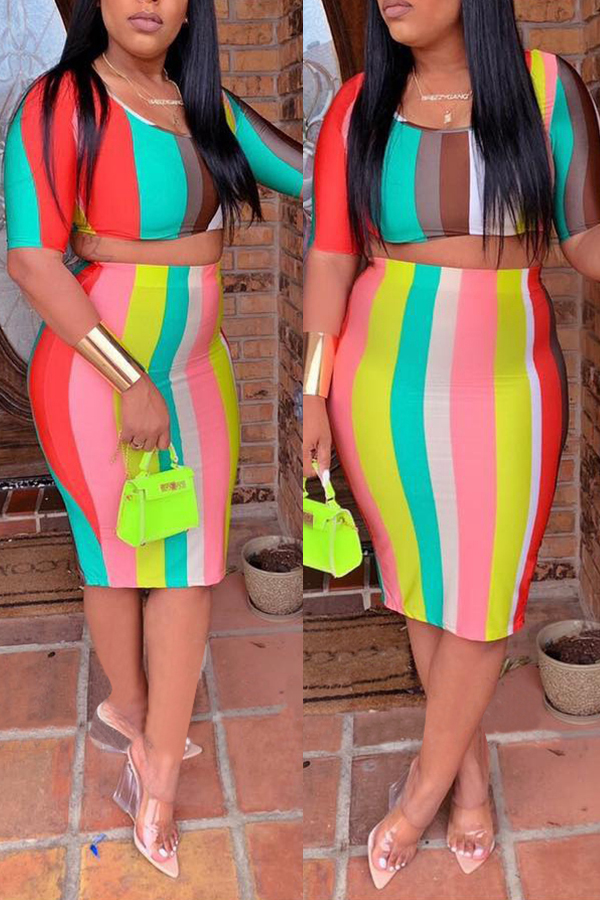 

Lovely Women’s O Neck Striped Two-piece Skirt Set