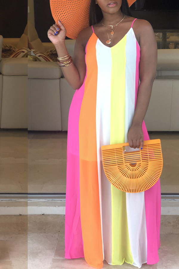 

Lovely Casual V Neck Striped Light Pink Ankle Length Dress
