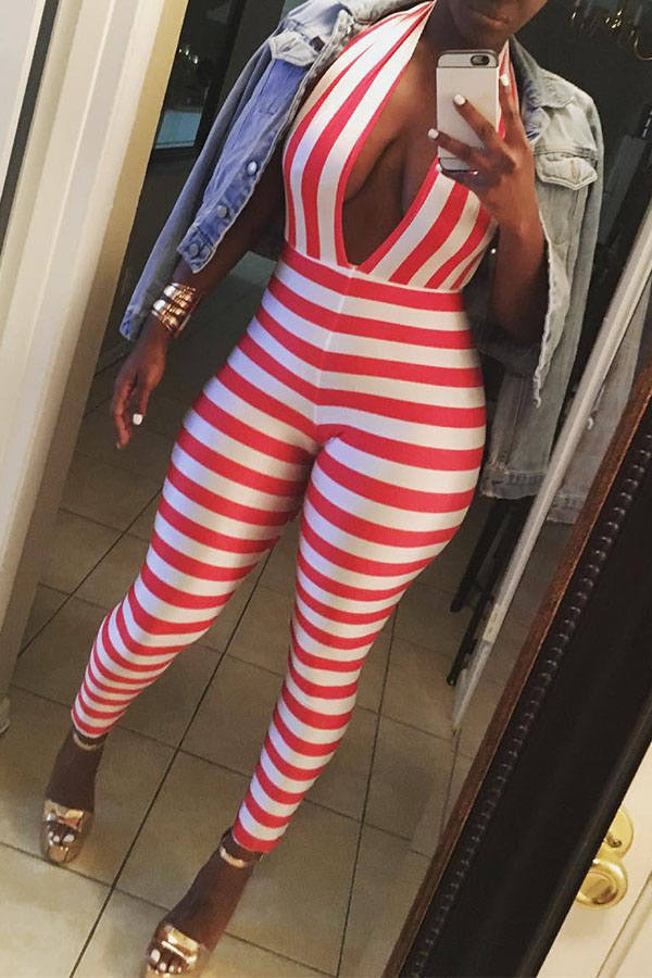 

Lovely Sexy Striped Red One-piece Jumpsuit, Red stripe