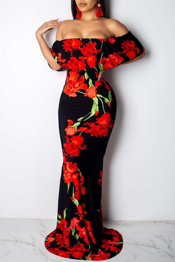 

Lovely Elegant Off The Shoulder Printed Floor Length Dress