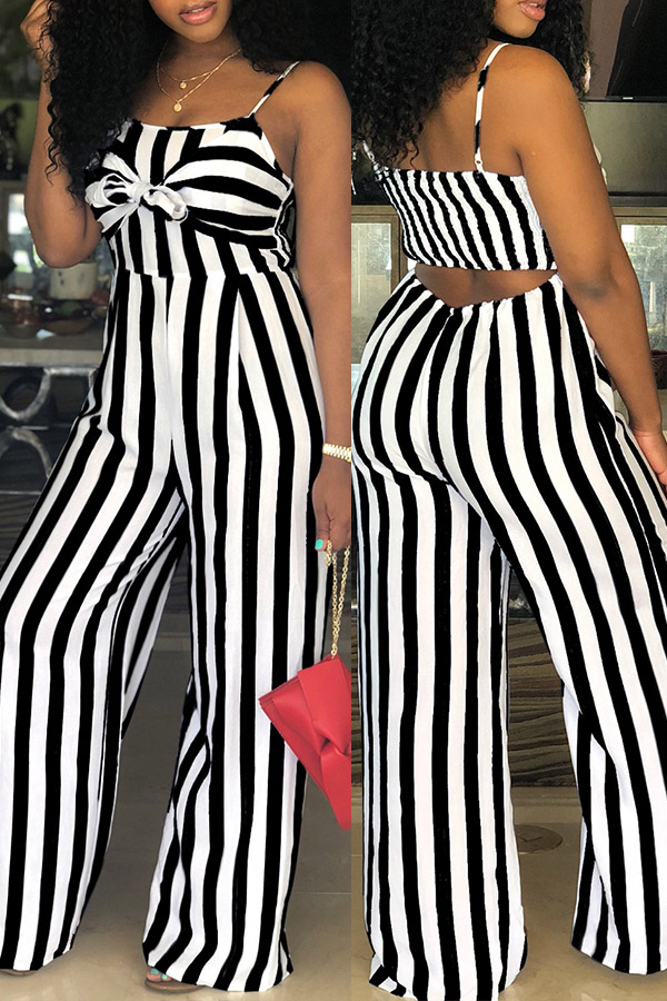 

Lovely Women’s Spaghetti Straps Striped Hollow-out Black One-piece Jumpsuit