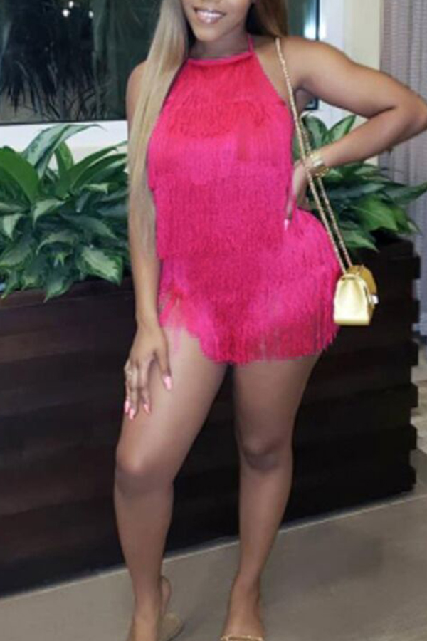 

Lovely Chic Halter Tassel Design Rose Red Mini Evening Dress