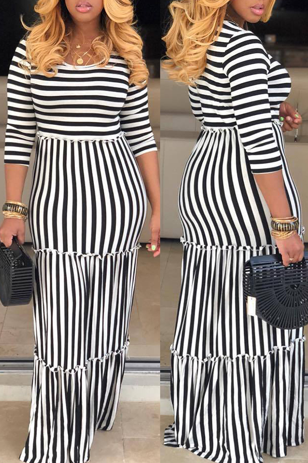 

Lovely Casual O Neck Striped White Floor Length Dress
