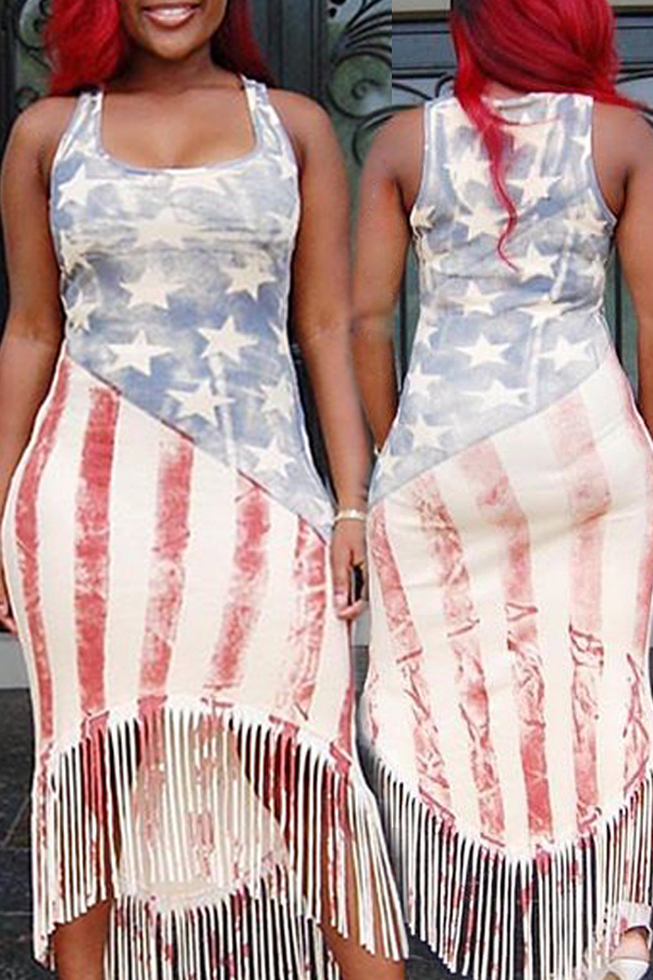 

Lovely Independence Day Printed Tassel Design Mid Calf Dress, Multi