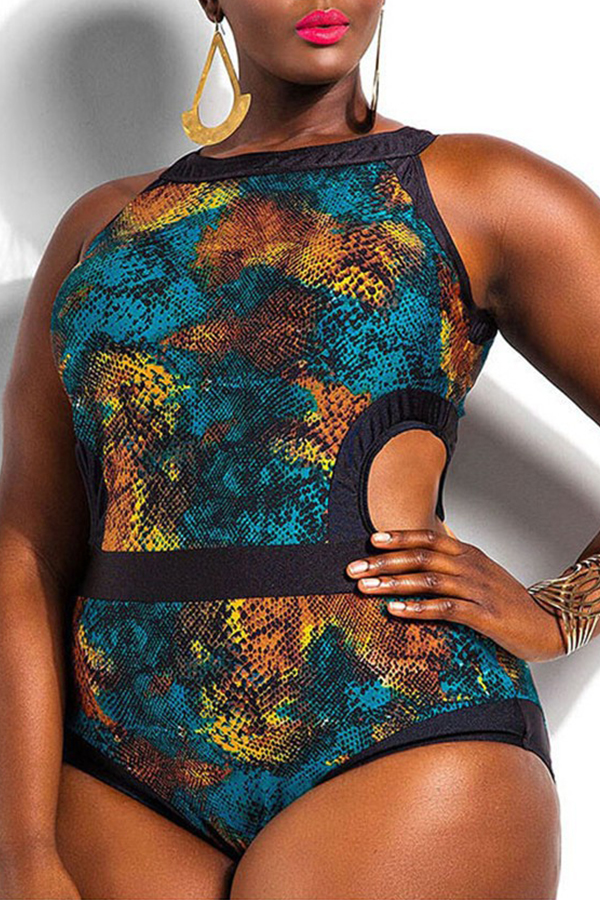 

Lovely Snakeskin Pattern Printed Hollow-out One-piece Swimwear, Multi