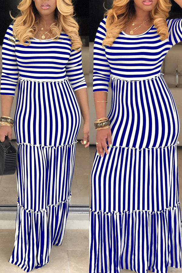 

Lovely Casual O Neck Striped Blue Floor Length Dress