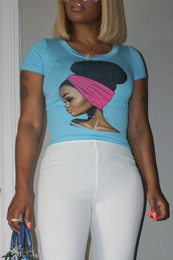 

Lovely Casual Printed Baby Blue Cotton T-shirt