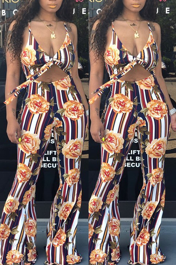 

Lovely Sexy Floral Printed Yellow One-piece Jumpsuit