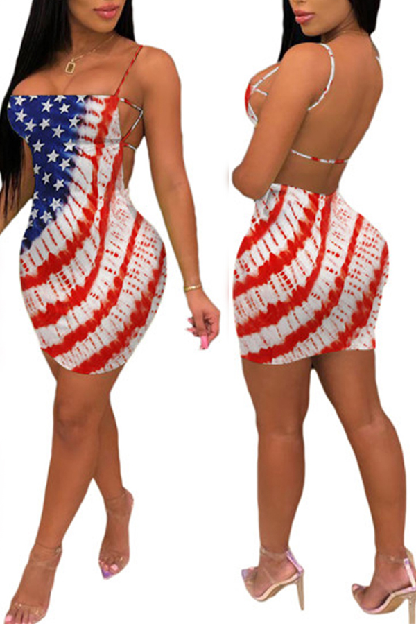 Lovely Independence Day Sexy Printed Backless Multicolor Mini Dress
