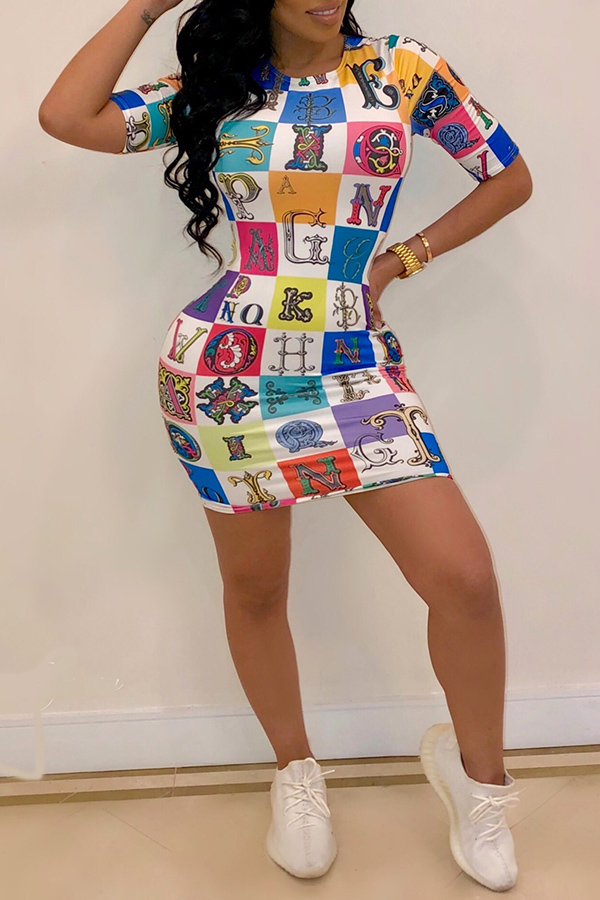 

Lovely Casual O Neck Letter Printed Multicolor Mini Dress, Multi
