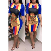 Lovely Casual Printed Royal Blue Knee Length Dress