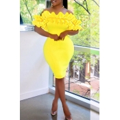 Lovely Trendy Off The Shoulder Ruffle Design Yello