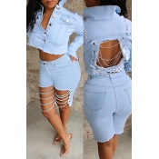 Lovely Stylish Hollow-out Baby Blue Denim Coat