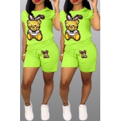 Lovely Casual Printed Green Two-piece Shorts Set