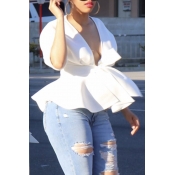 Lovely Stylish V Neck Half Sleeve White Blouse