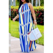 Lovely Casual Halter Neck Striped Printed Blue Ank
