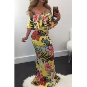 Lovely Elegant Off The Shoulder Printed Yellow Flo