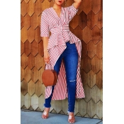 Lovely Casual Striped Asymmetrical Red Blouse