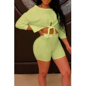 Lovely Casual O Neck Light Green Two-piece Shorts 