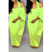 Lovely Casual One Shoulder Green Ankle Length Dres