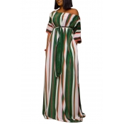 Lovely Stylish One Shoulder Striped Printed Green 