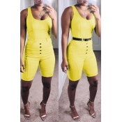Lovely Casual Buttons Design Yellow One-piece Romp