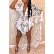 Lovely Sexy V Neck Lace Patchwork Asymmetrical Whi