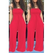Lovely Casual Off The Shoulder Red One-piece Jumps