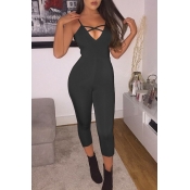Lovely Sexy V Neck Hollow-out Black One-piece Jump
