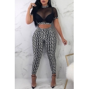 Lovely Casual O Neck Printed See-through Black Two