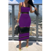 Lovely Chic Striped See-through Purple Mid Calf Dr