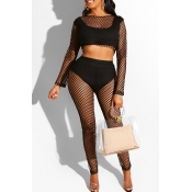 Lovely Sexy O Neck Mesh Patchwork Black Two-piece 