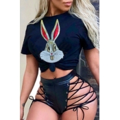 Lovely Casual Cartoon Printed Black T-shirt