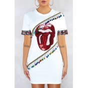 Lovely Casual O Neck Printed Sequins Tassel White 