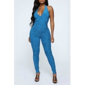 Lovely Sexy Halter Neck Blue One-piece Jumpsuit