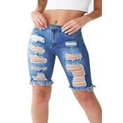 Lovely Casual Broken Holes Deep Blue Denim Shorts