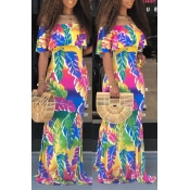 Lovely Casual Off The Shoulder Printed Multicolor 