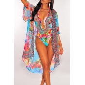 Lovely Halter Neck Printed Hollow-out Blue One-pie