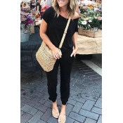 Lovely Casual Short Sleeves Black One-piece Jumpsu